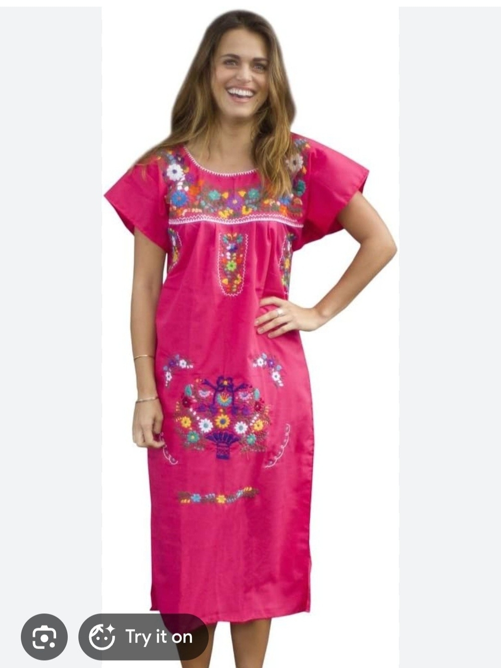 Liliana Cruz Women’s Embroidered Fuchsia Mexican Midi Dress. 100% Cotton. Size M